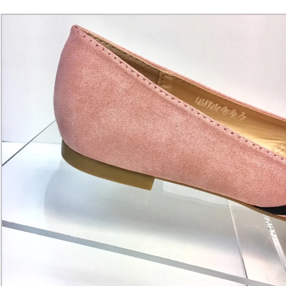 Pink Pointed Toe Flats with Black Bow - Faux Suede - Picture 7 of 7